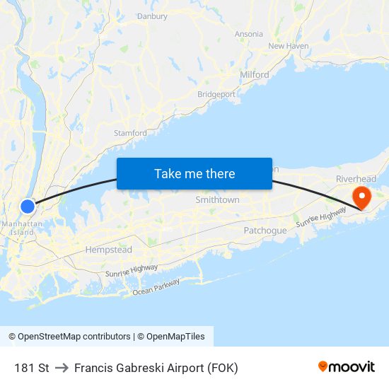181 St to Francis Gabreski Airport (FOK) map