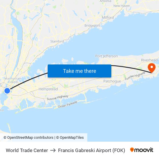 World Trade Center to Francis Gabreski Airport (FOK) map