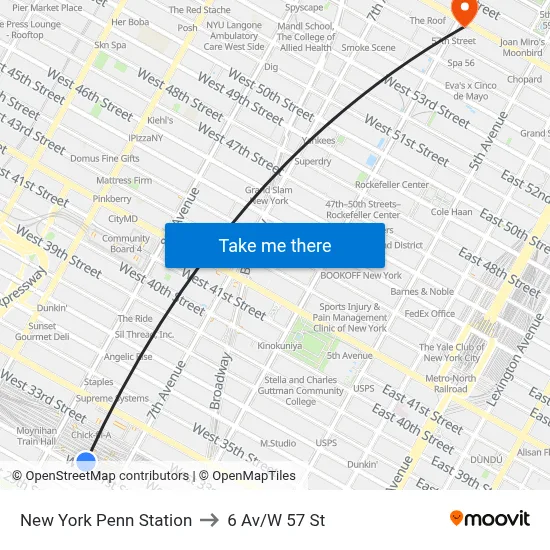 New York Penn Station to 6 Av/W 57 St map