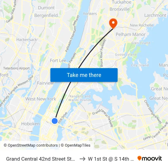 Grand Central 42nd Street Station to W 1st St @ S 14th Ave map