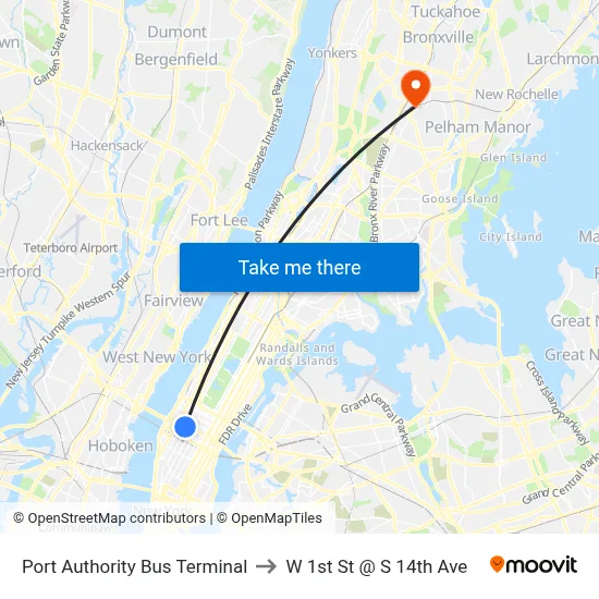 Port Authority Bus Terminal to W 1st St @ S 14th Ave map