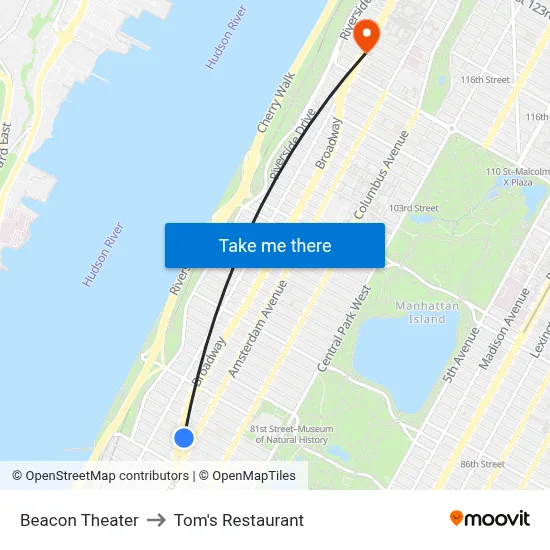Beacon Theater to Tom's Restaurant map