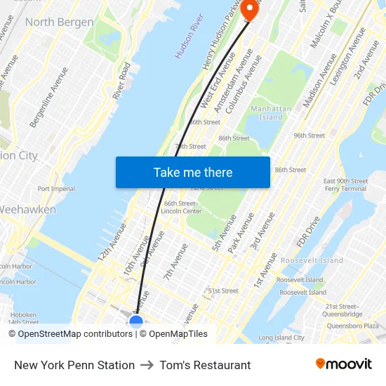 New York Penn Station to Tom's Restaurant map