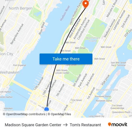 Madison Square Garden Center to Tom's Restaurant map