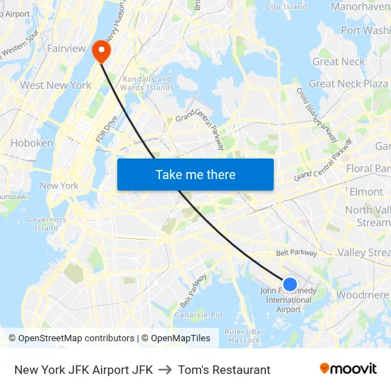 New York JFK Airport JFK to Tom's Restaurant map