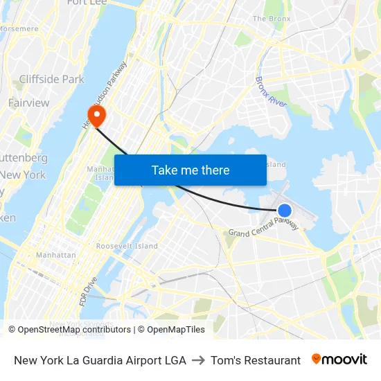 New York La Guardia Airport LGA to Tom's Restaurant map