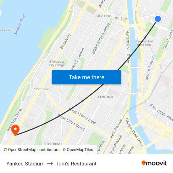 Yankee Stadium to Tom's Restaurant map