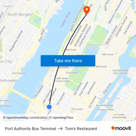Port Authority Bus Terminal to Tom's Restaurant map