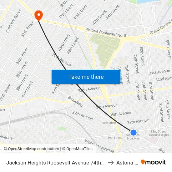 Jackson Heights Roosevelt Avenue 74th Street Station to Astoria Blvd map