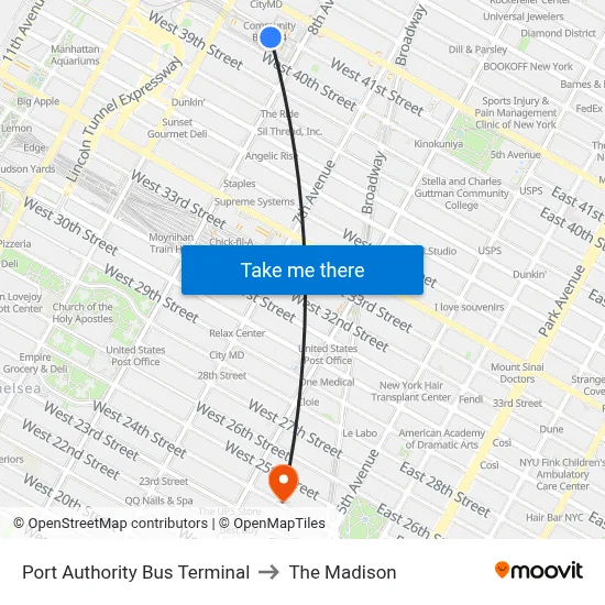 Port Authority Bus Terminal to The Madison map
