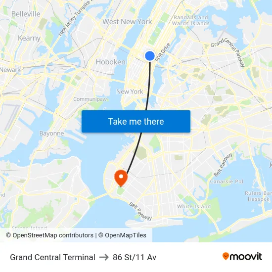 Grand Central Terminal to 86 St/11 Av map