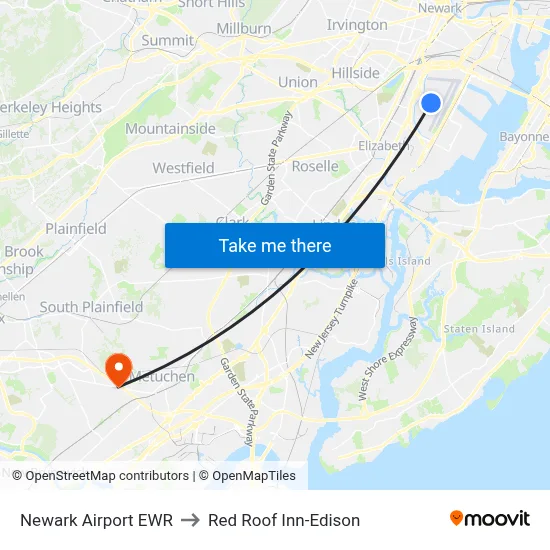 Newark Airport EWR to Red Roof Inn-Edison map