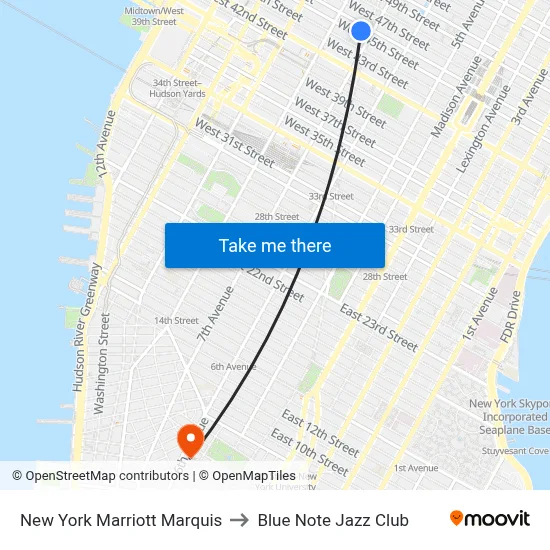 New York Marriott Marquis to Blue Note Jazz Club map