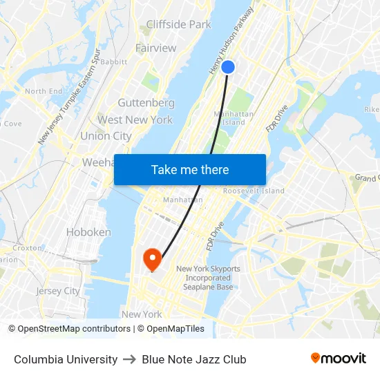 Columbia University to Blue Note Jazz Club map