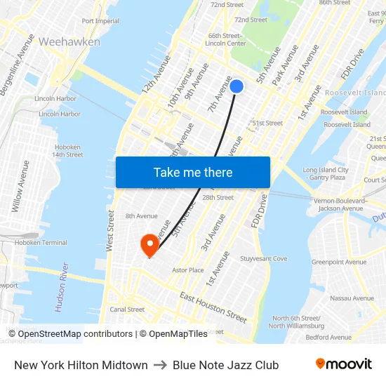 New York Hilton Midtown to Blue Note Jazz Club map