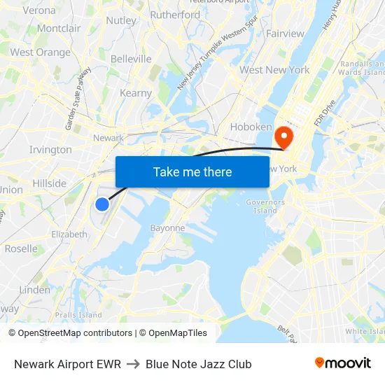 Newark Airport EWR to Blue Note Jazz Club map