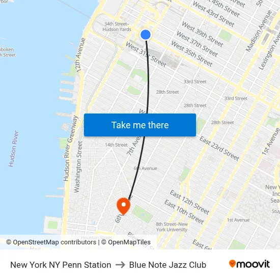 New York NY Penn Station to Blue Note Jazz Club map