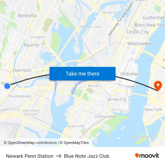 Newark Penn Station to Blue Note Jazz Club map