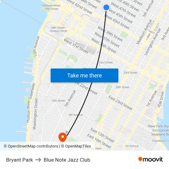 Bryant Park to Blue Note Jazz Club map