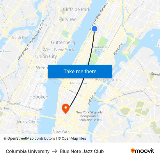 Columbia University to Blue Note Jazz Club map