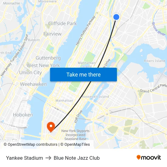 Yankee Stadium to Blue Note Jazz Club map