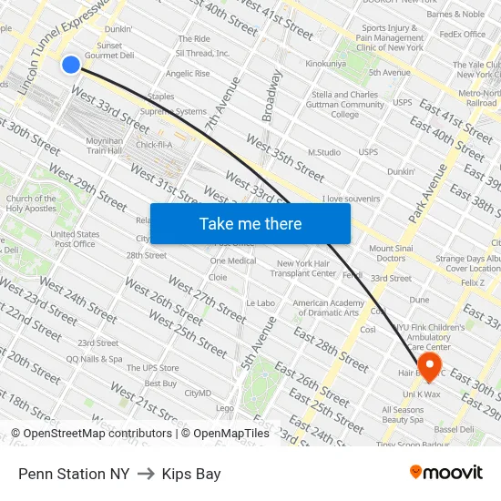 Penn Station NY to Kips Bay map