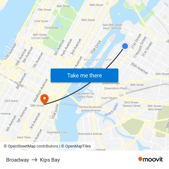 Broadway to Kips Bay map