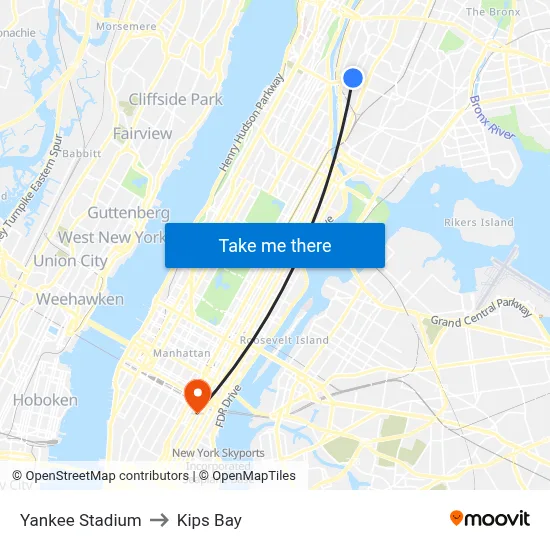 Yankee Stadium to Kips Bay map