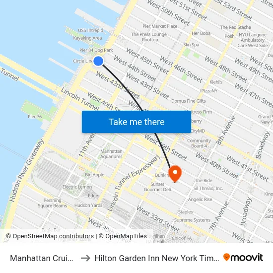 Manhattan Cruise Parking to Hilton Garden Inn New York Times Square South map