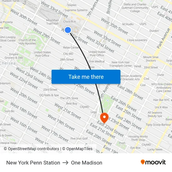 New York Penn Station to One Madison map