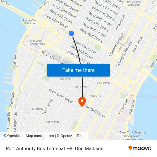Port Authority Bus Terminal to One Madison map