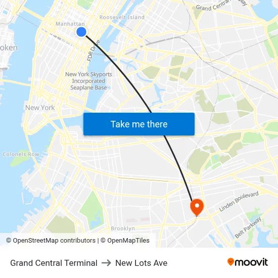 Grand Central Terminal to New Lots Ave map