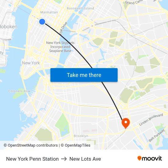 New York Penn Station to New Lots Ave map