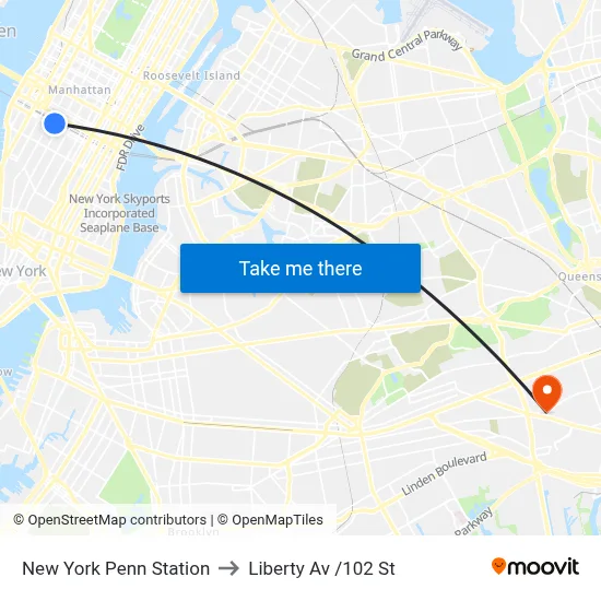 New York Penn Station to Liberty Av /102 St map