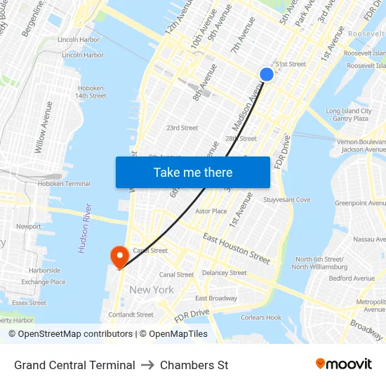 Grand Central Terminal to Chambers St map