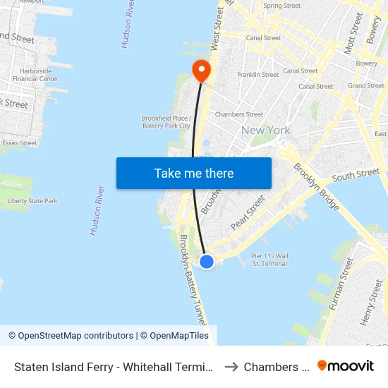 Staten Island Ferry - Whitehall Terminal to Chambers St map