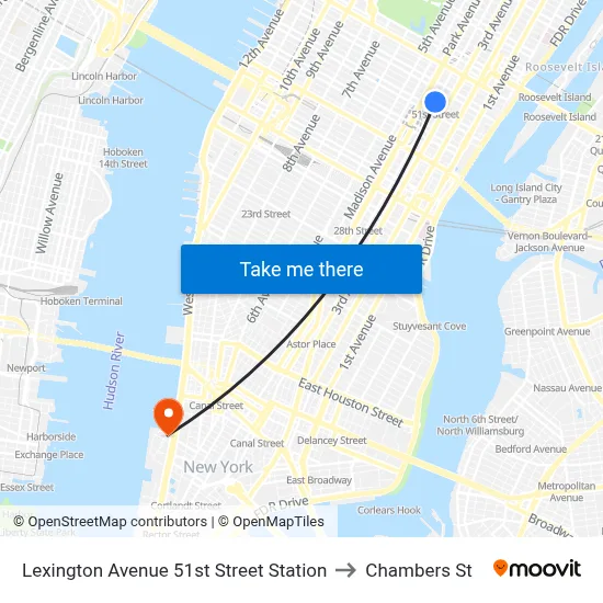 Lexington Avenue 51st Street Station to Chambers St map