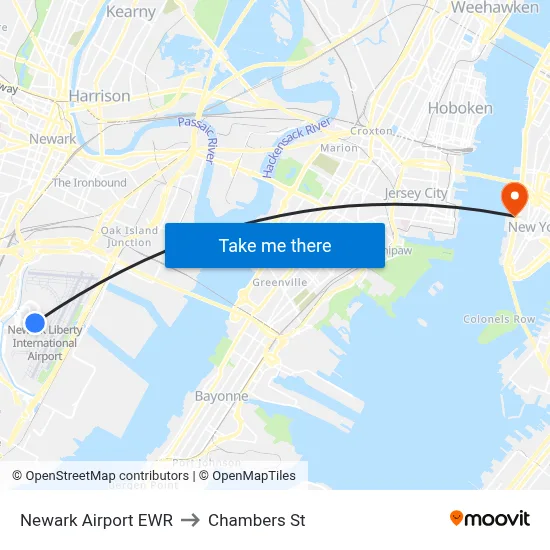 Newark Airport EWR to Chambers St map