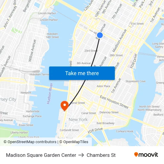 Madison Square Garden Center to Chambers St map
