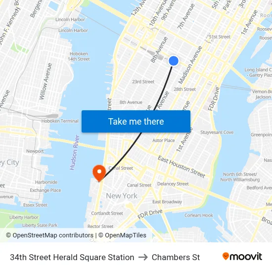 34th Street Herald Square Station to Chambers St map