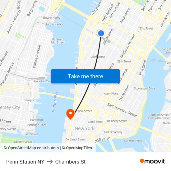 Penn Station NY to Chambers St map