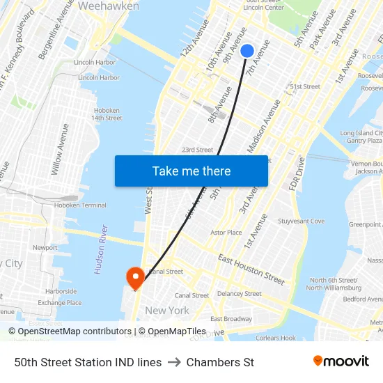 50th Street Station IND lines to Chambers St map