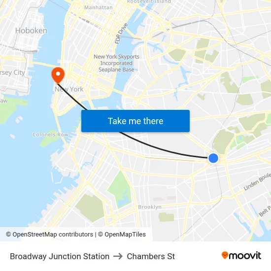 Broadway Junction Station to Chambers St map