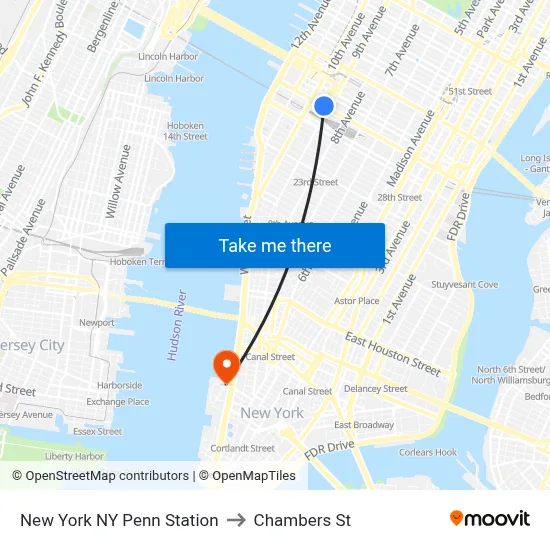 New York NY Penn Station to Chambers St map