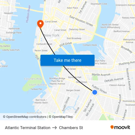 Atlantic Terminal Station to Chambers St map