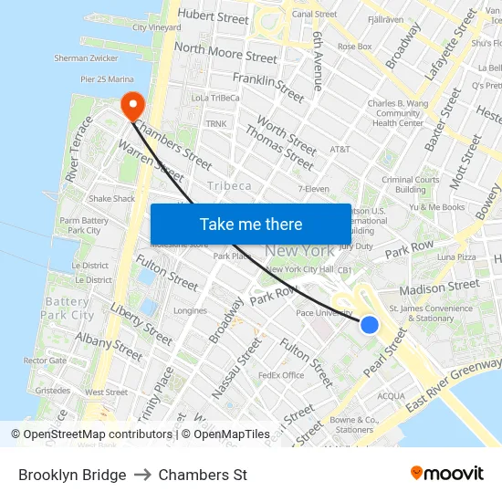 Brooklyn Bridge to Chambers St map