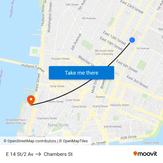 E 14 St/2 Av to Chambers St map