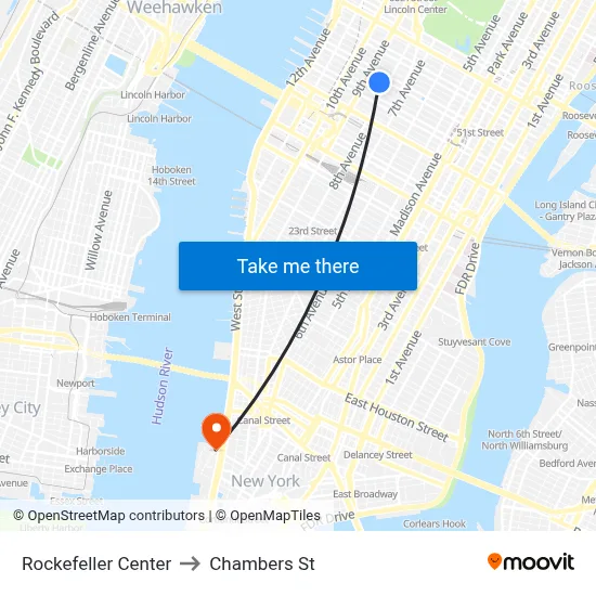 Rockefeller Center to Chambers St map