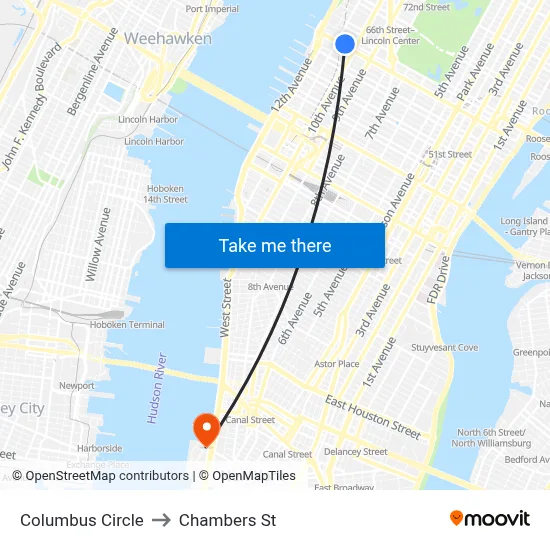 Columbus Circle to Chambers St map