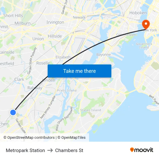 Metropark Station to Chambers St map